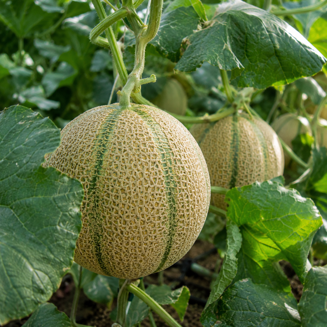 Zuckermelone mit reifer gelb-grüner Frucht und üppigem grünem Blattwerk.