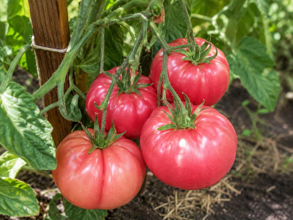 Tomate Malinowy Warszawski mit großen himbeerroten Fleischtomaten, aromatische und ertragreiche Tomatensorte für den Garten