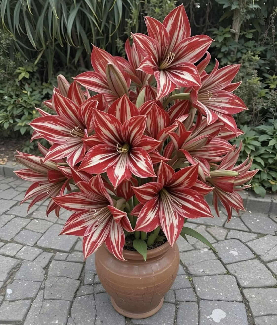 Amaryllis Candy Cane mit auffälligen, rot-weißen gestreiften Blüten, die in eleganten Stängeln aufsteigen und einen festlich