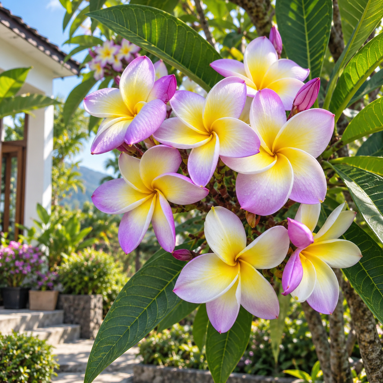 Frangipani Taeko Hawaiiblume Purple Plumeria – eine exotische Pflanze mit leuchtend violetten Blüten, die tropisches Flair in