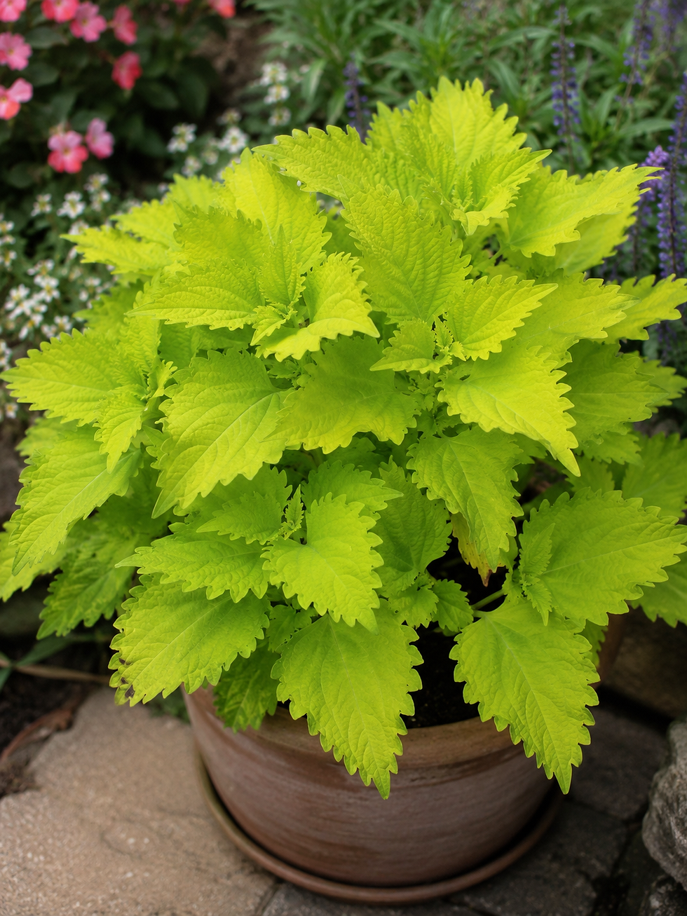 Buntnessel 'Wasabi' mit leuchtend hellgrünen, dekorativen Blättern im Topf oder Gartenbeet.
