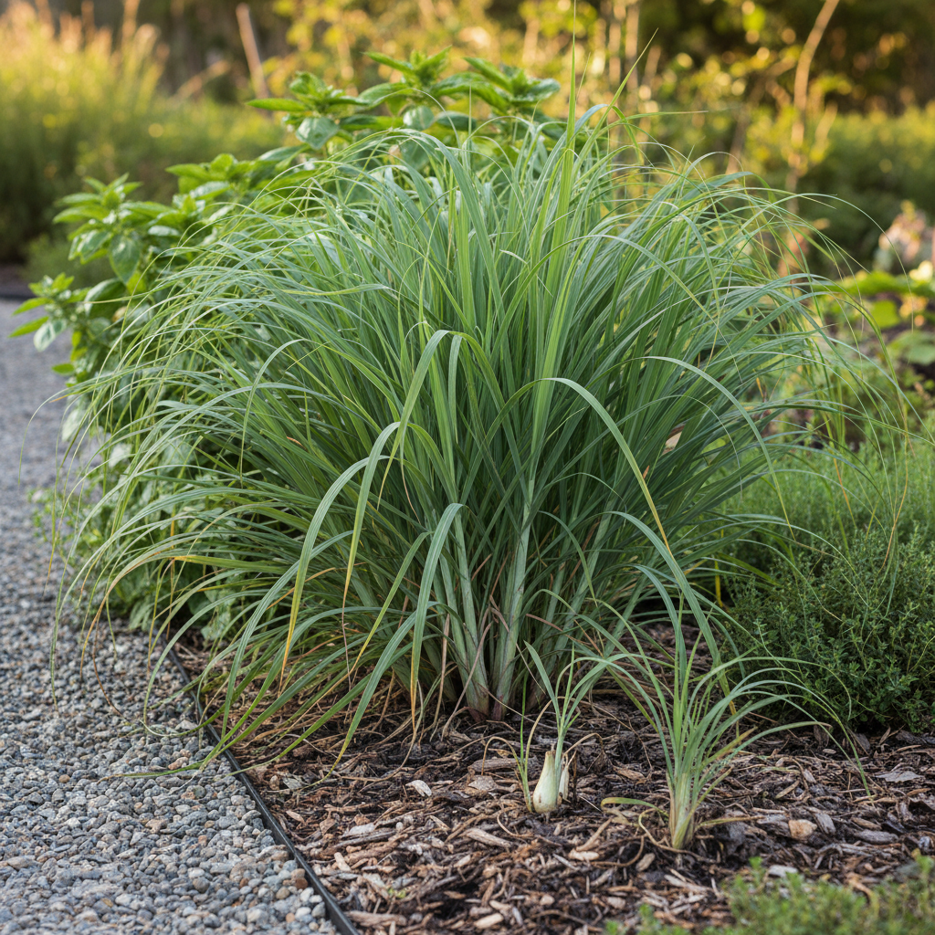 Nahaufnahme eines dichten Horstes aus Zitronengras (Cymbopogon citratus) mit langen, schmalen, frischgrünen Blättern.