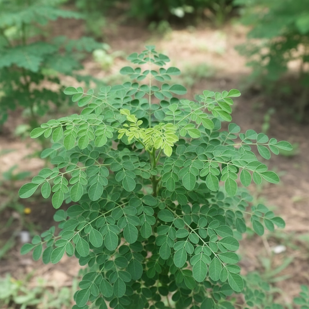 Meerrettichbaum (Moringa oleifera) – tropische Nutz- und Heilpflanze mit gefiederten Blättern und cremeweißen Blüten.