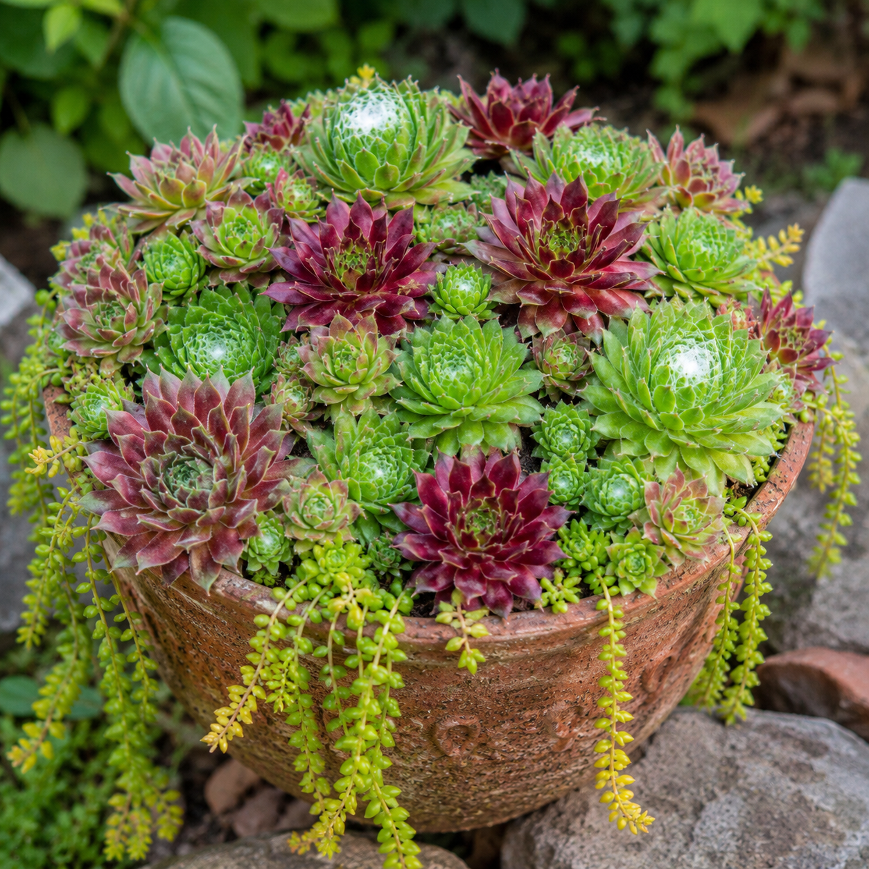 Der Sempervivum Succulents Mix (Dachwurz) kombiniert verschiedene Sukkulenten mit leuchtenden Farben und widerstandsfähigen R
