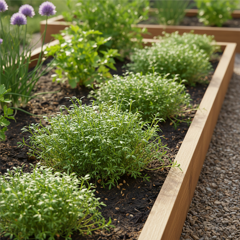 Nahaufnahme von frischer Gartenkresse (Lepidium sativum) mit dichtem Wuchs und kleinen, leuchtend grünen Blättern.