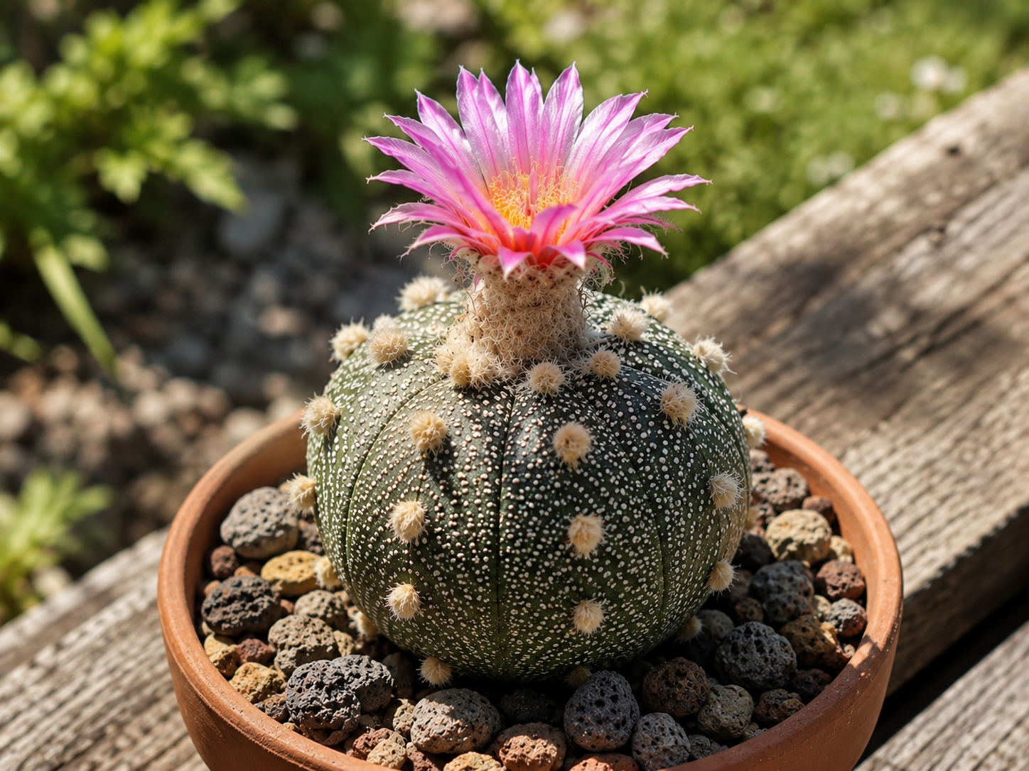 Astrophytum asterias mit rundem Wuchs und weiß gesprenkelter Oberfläche als dekorativer Kaktus im Topf oder Wintergarten.