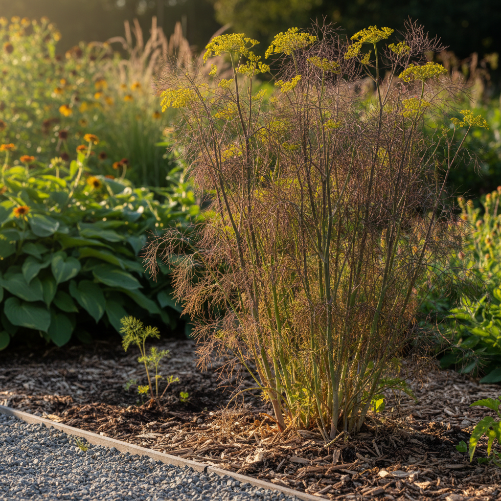 Nahaufnahme eines üppigen Beetes mit Bronzefenchel (Foeniculum vulgare 'Purpureum'). Das fein gefiederte, bronzepurpurfarbene