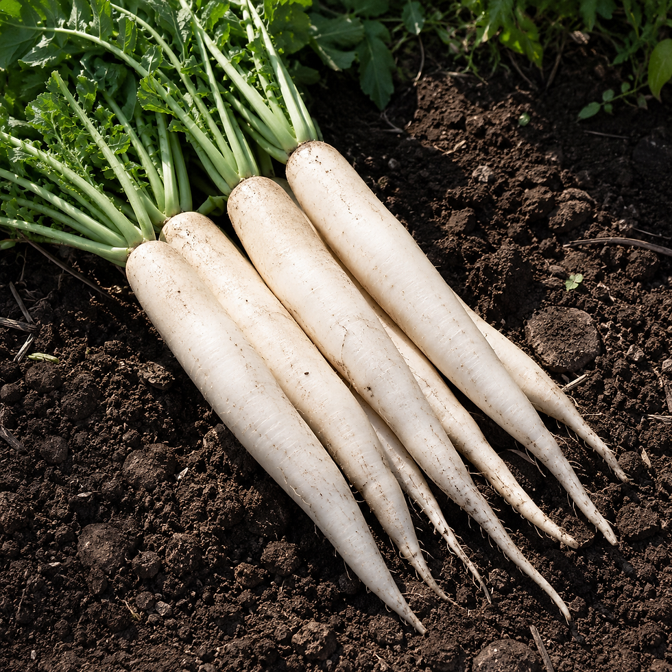 Weiße Karotte mit langen, cremeweißen Wurzeln und frischem grünem Laub für den Anbau im Gemüsebeet, Hochbeet oder Garten.