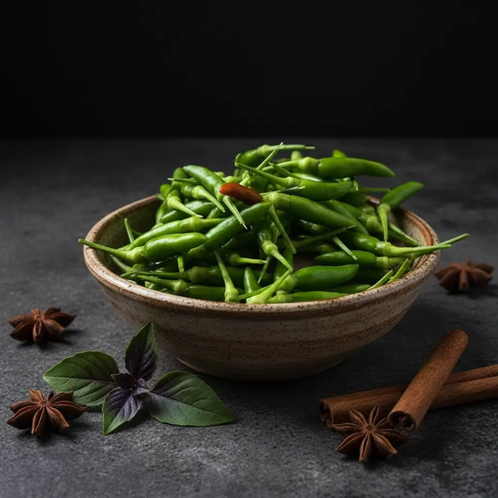 Capsicum Grüner Shiraz Nahaufnahme – aromatische grüne Chilis