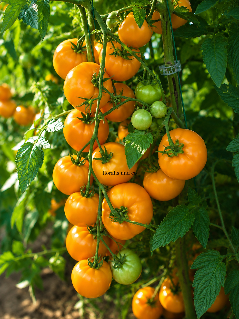 Tomate Złoty mit goldgelben, saftigen Früchten und fruchtig-süßem Aroma für Garten, Hochbeet und Gewächshaus.