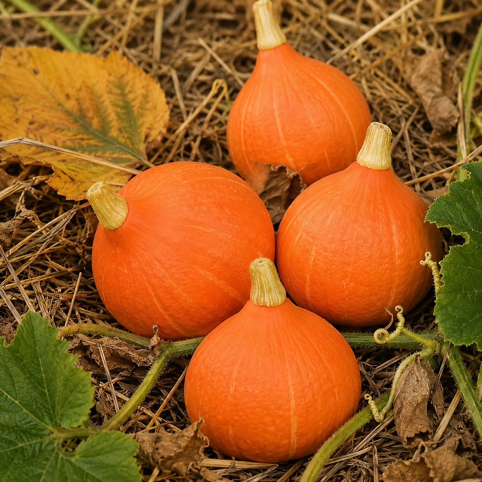 Kürbis 'Uchiki Kuri' mit kleinen, birnenförmigen orangefarbenen Früchten und großen grünen Blättern für den Anbau im Gemüsebe