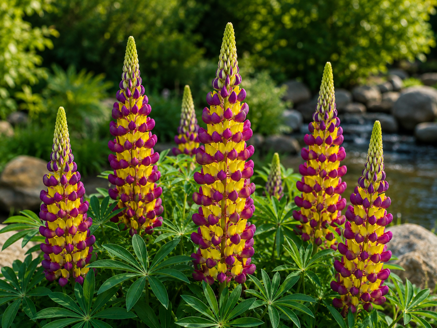 Lupine 'Manhattan Lights' mit auffälligen gelb-violetten Blütenkerzen im sonnigen Gartenbeet.
