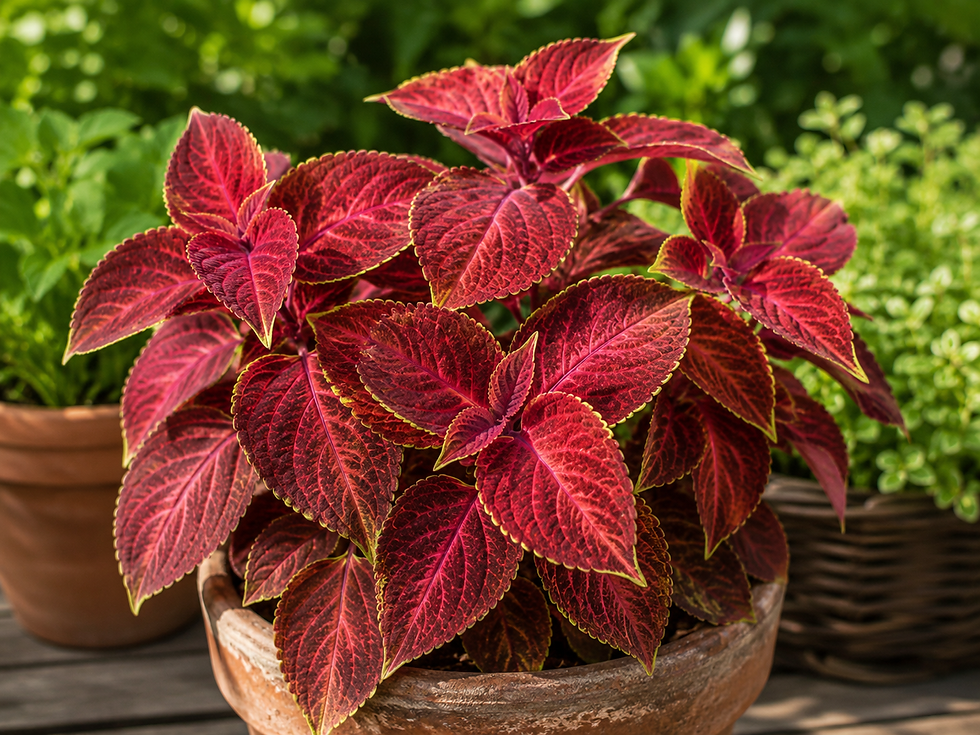 Buntnessel 'Red Velvet' mit samtig dunkelroten Blättern als dekorative Blattschmuckpflanze im Topf oder Gartenbeet.