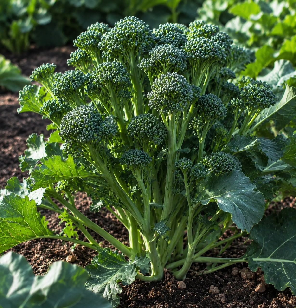 Winterbrokkoli 'Centoventino' mit kräftigen grünen Brokkoliröschen und robustem Wuchs für den Anbau im Gemüsebeet oder Garten