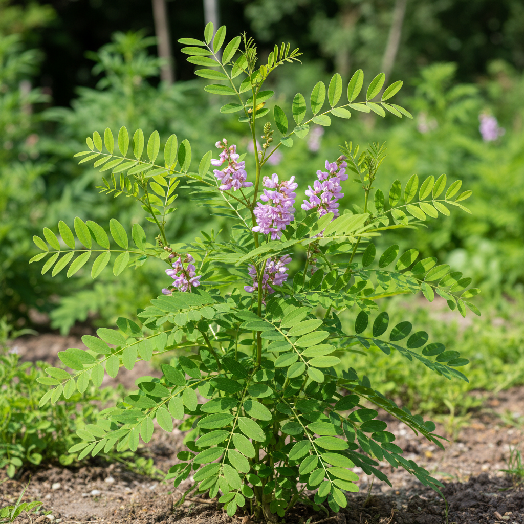 Spanisches Süßholz (Glycyrrhiza glabra) mit violett-blauen Blüten und kräftigem Laub
