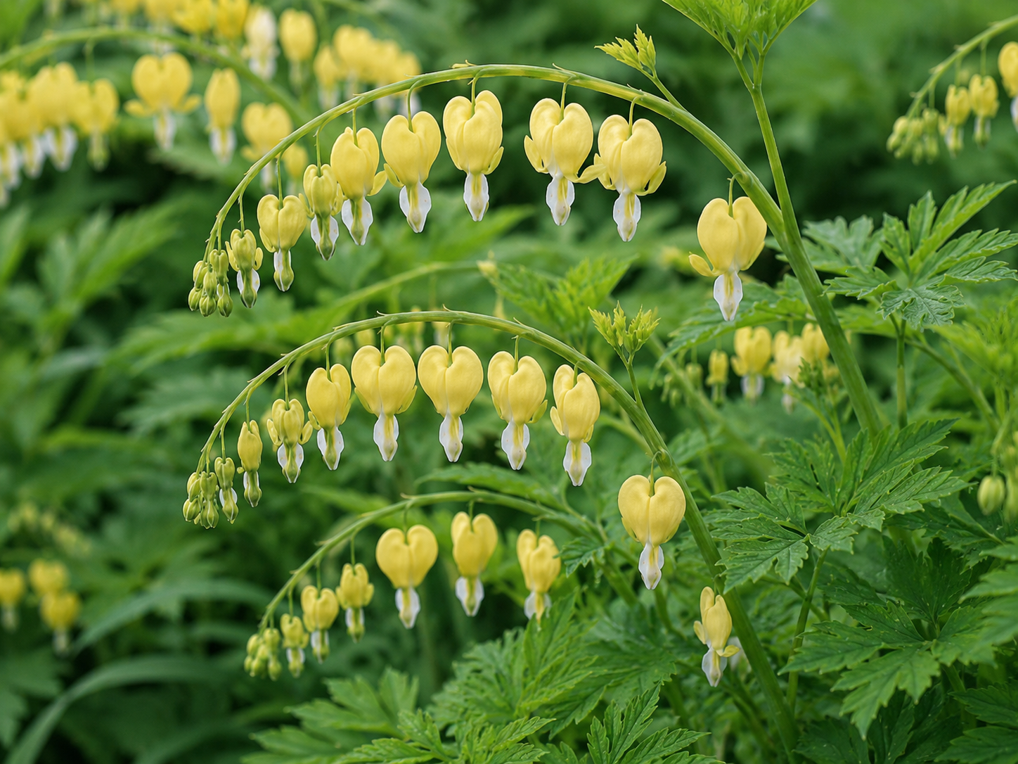 Gelbes Tränendes Herz (Dicentra scandens) mit herzförmigen, goldgelben Blüten an kletternden Trieben.