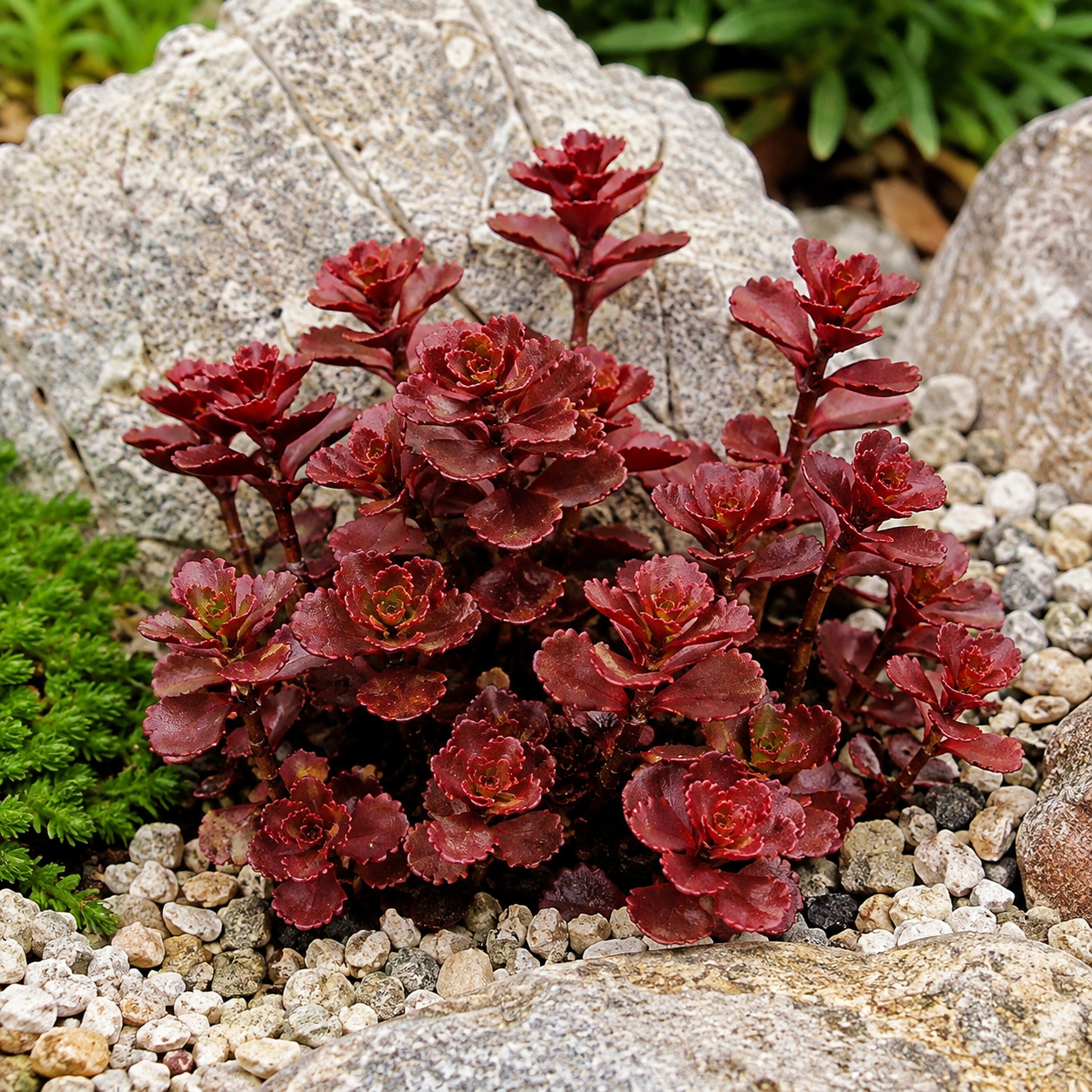 Der Sedum Specias Red beeindruckt mit seinen leuchtend roten Blättern und der dichten, kompakten Wuchsform.
