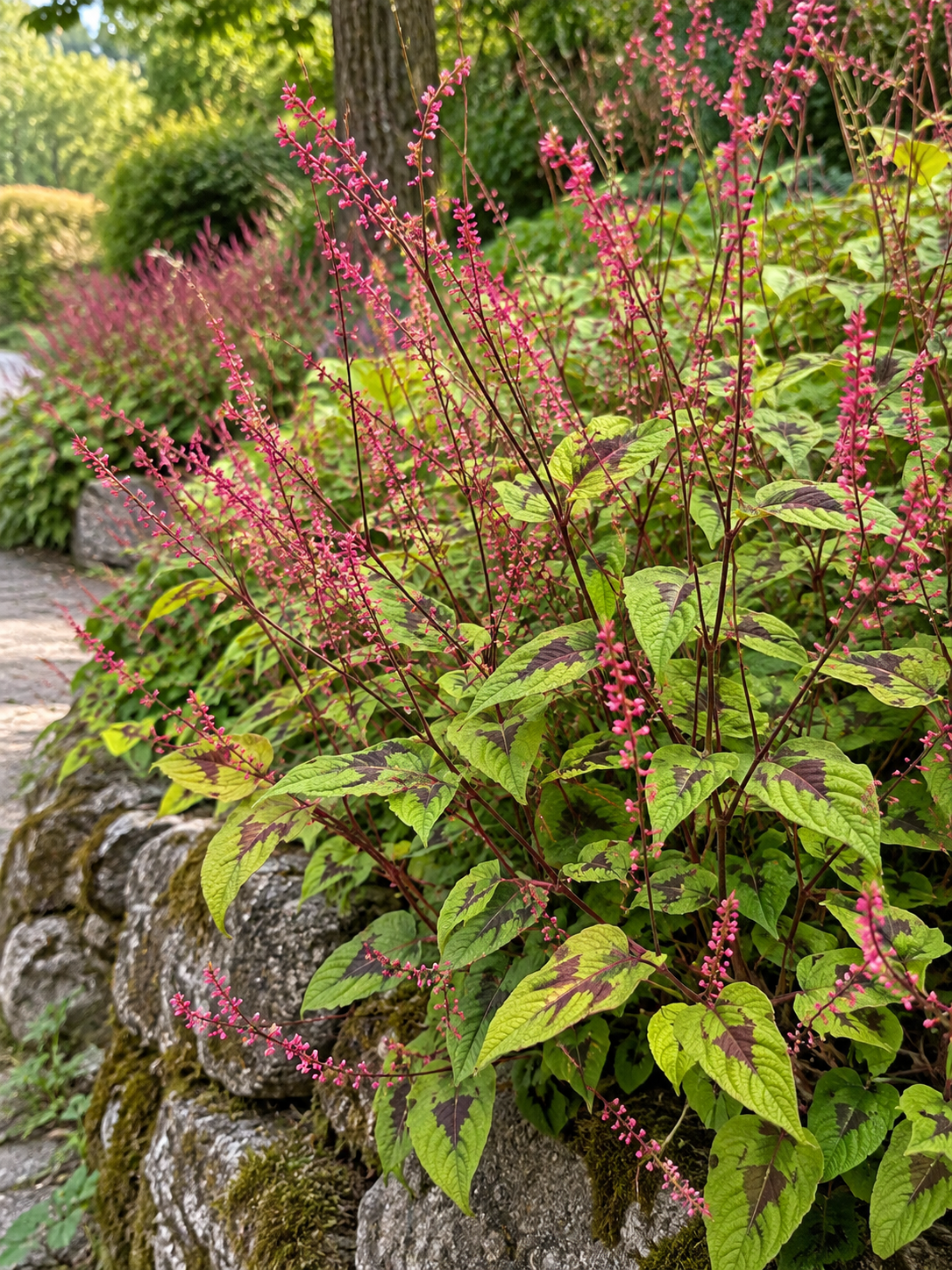 Persicaria Variegata Filiformis, auch bekannt als Knöterich, ist eine auffällige Pflanze mit feinen, gestreiften Blättern und