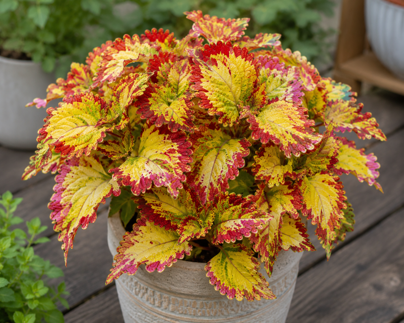 Buntnessel 'Koralle ATA' mit korallenrot-grün gemusterten Blättern im Topf oder Gartenbeet.