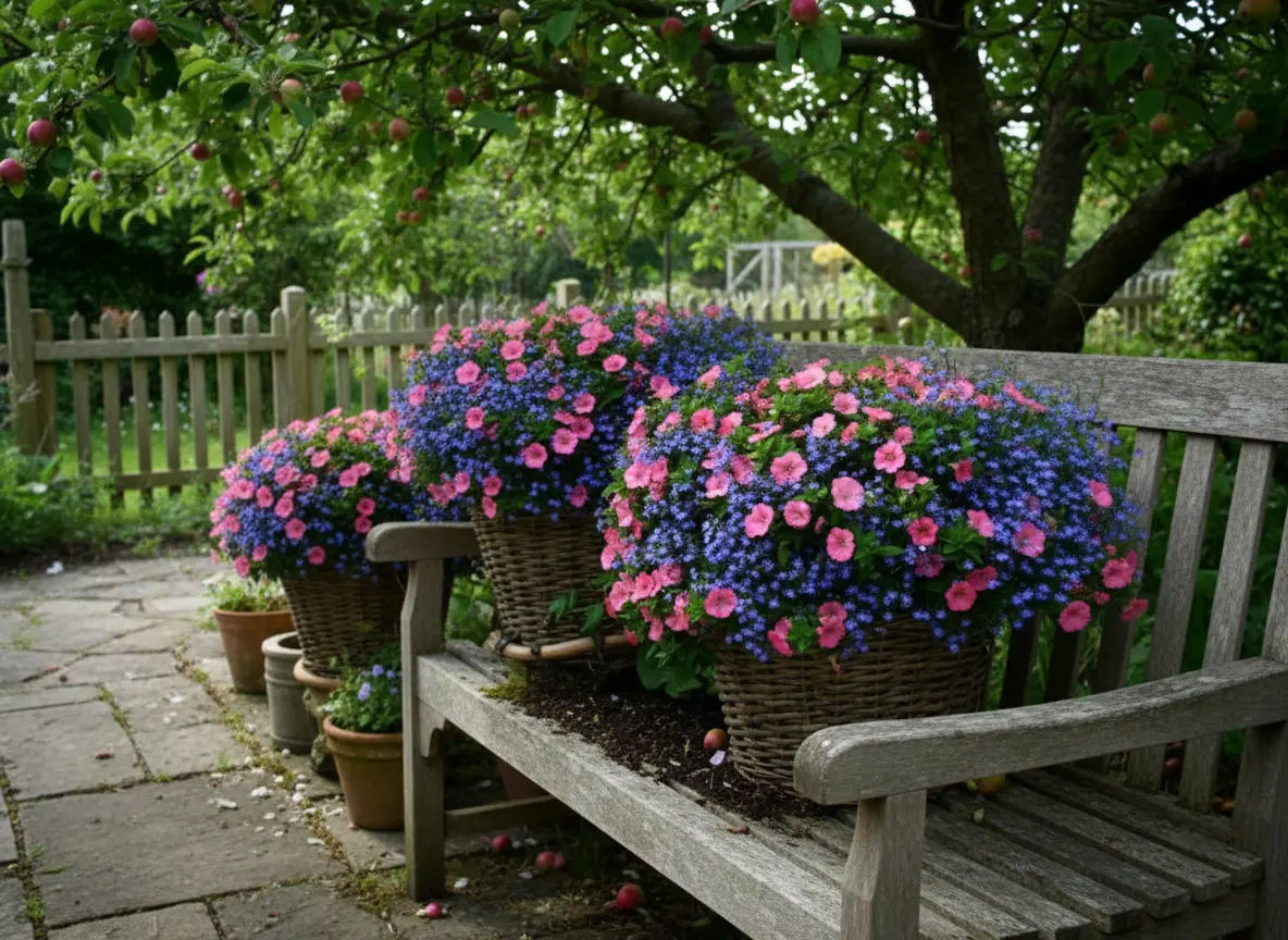 Kombination aus Myosotis und Petunia in Blau und Rosa im Garten oder Balkonkasten