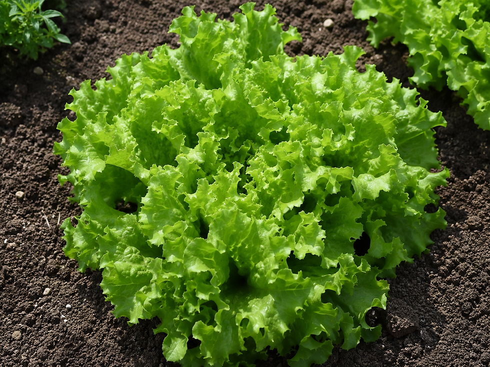 Text: Green Bowl Pflücksalat mit hellgrünen, fein gekrausten Blättern im Gemüsebeet.