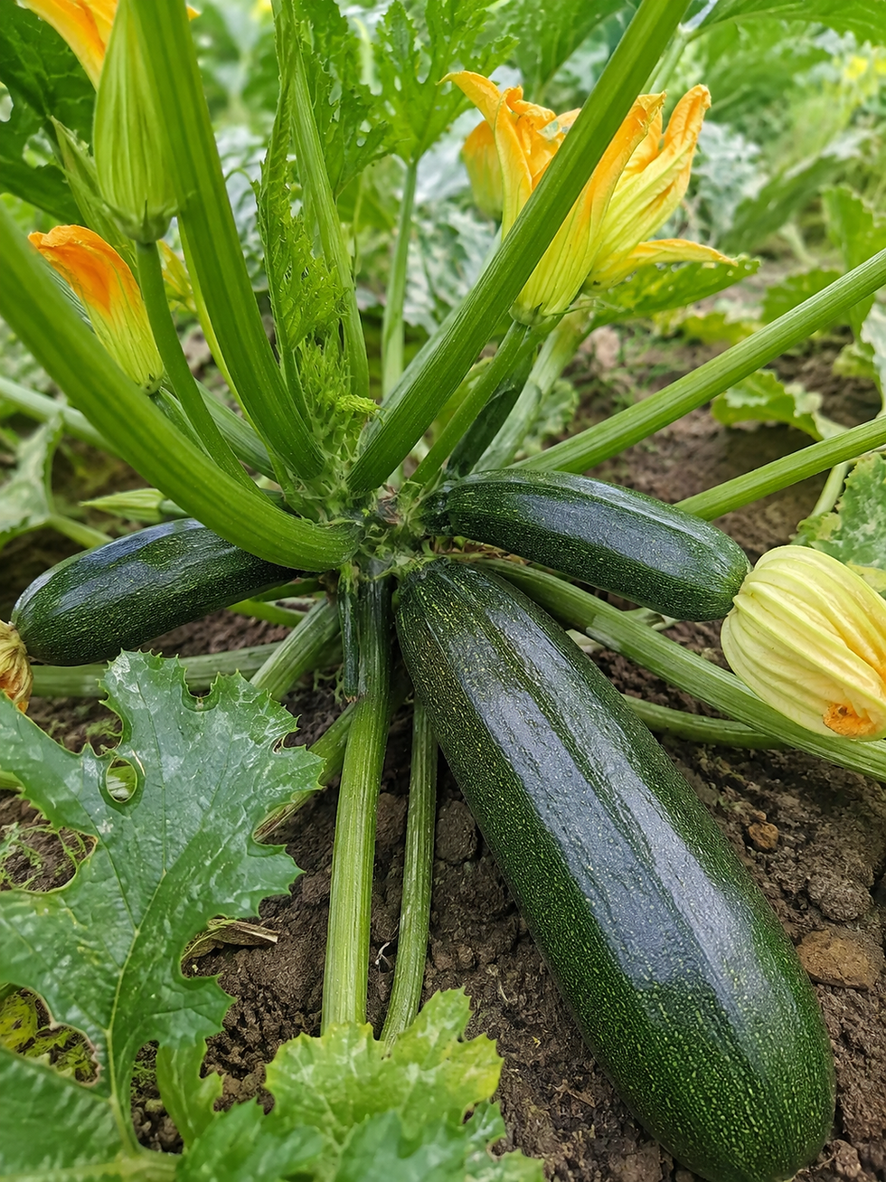 Zucchini 'Astra Polka' mit länglichen, dunkelgrünen Früchten und großen grünen Blättern für den Anbau im Gemüsebeet oder Gart