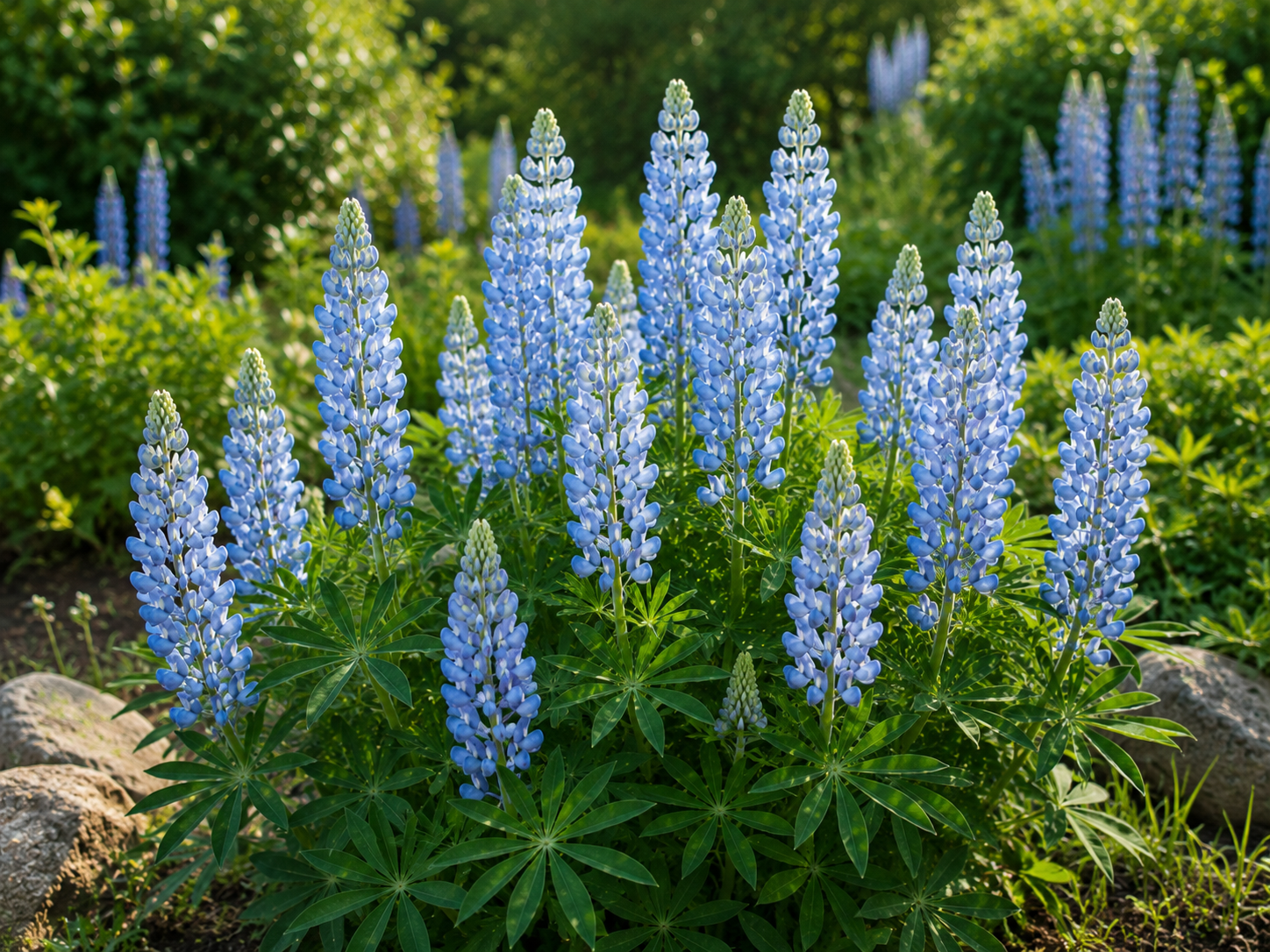 Blaue Lupine mit aufrechten, leuchtend blauen Blütenkerzen im sonnigen Gartenbeet.
