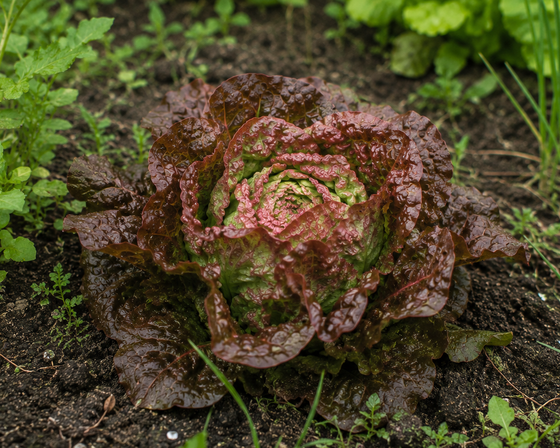 Salat Sahim mit kompakten, dunkelroten Blättern im Gemüsebeet.