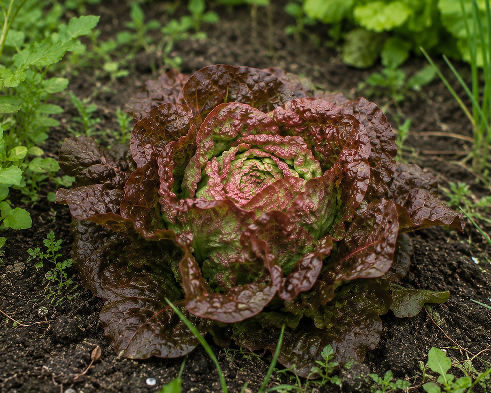 Salat Sahim mit kompakten, dunkelroten Blättern im Gemüsebeet.