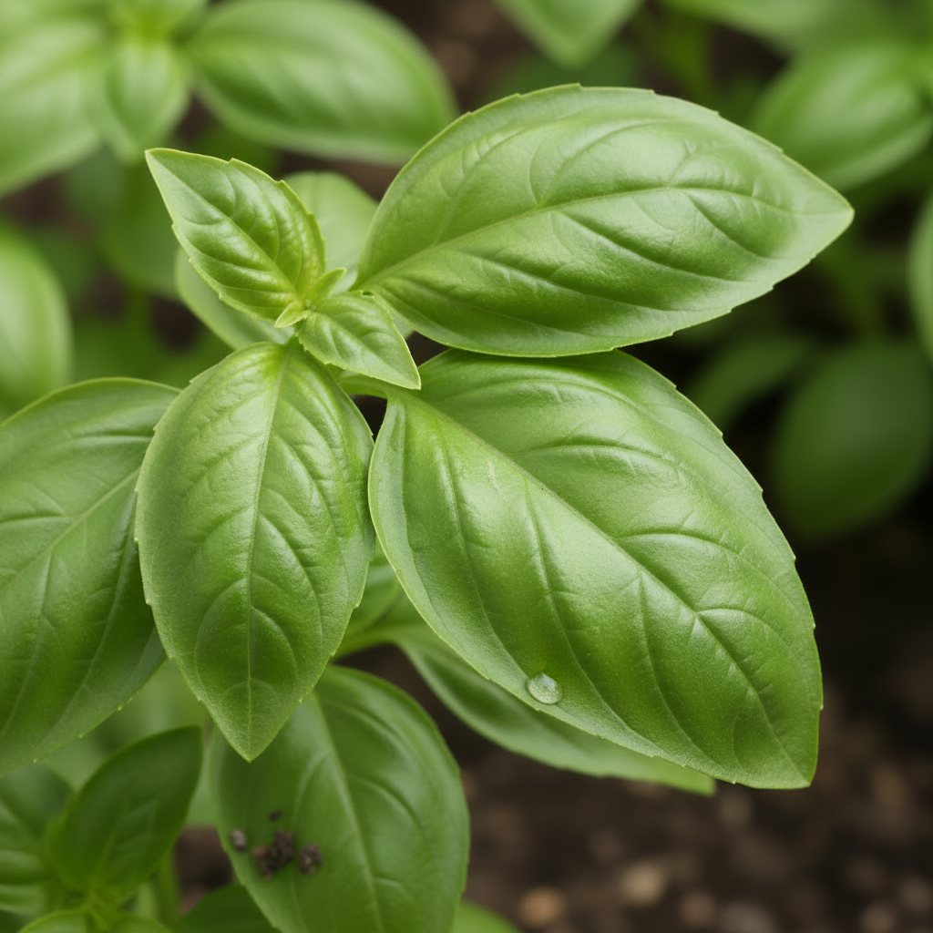 Nahaufnahme von Basilikum (Ocimum basilicum) mit dichtem, buschigem Wuchs und großen, sattgrünen, aromatischen Blättern