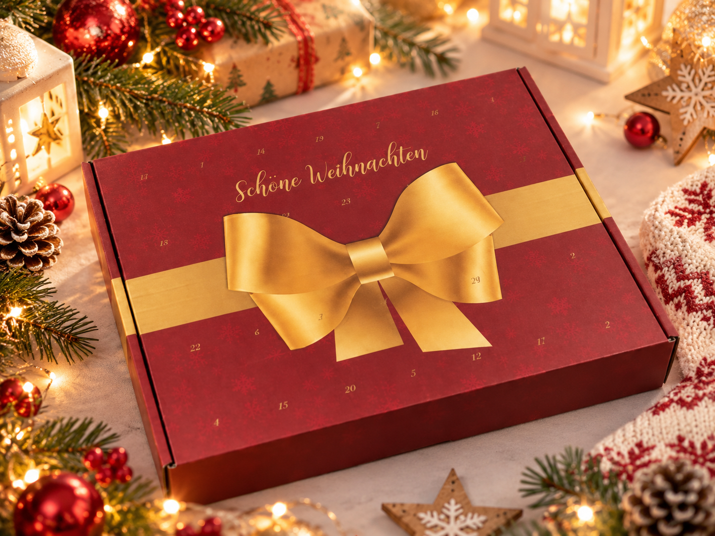Exotischer Saatgut Adventskalender Philodendron Calathea Syngonium Raritäten – bordeauxrote Geschenkbox aus Kraftkarton