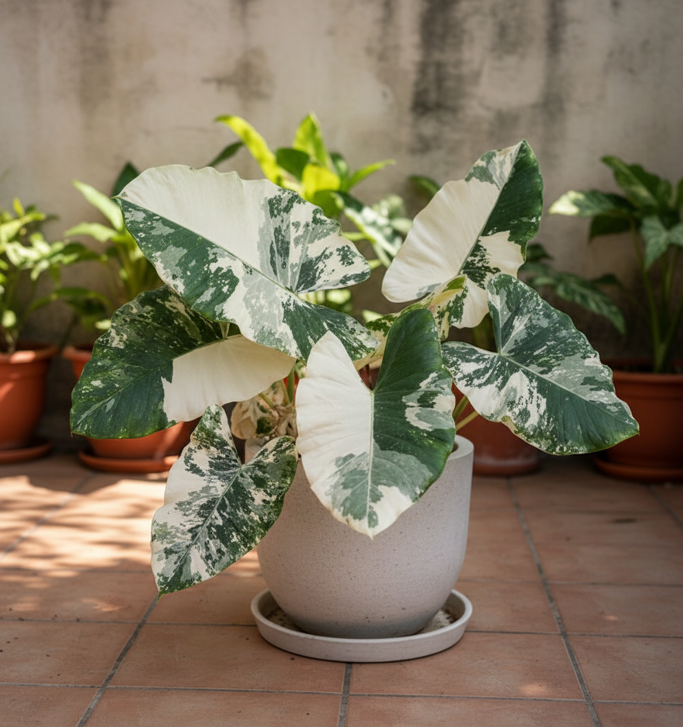 Alocasia odora 'Variegata' mit großen, herzförmigen, grün-cremeweiß panaschierten Blättern – seltene tropische Zimmerpflanze
