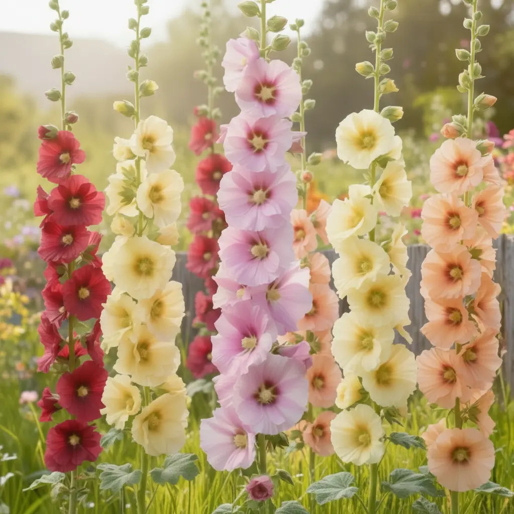 Stockrosen Samen Mix (Alcea rosea) – farbenfrohe Bauernrosen für den Garten, hohe Zierpflanzen mit üppiger Blütenpracht