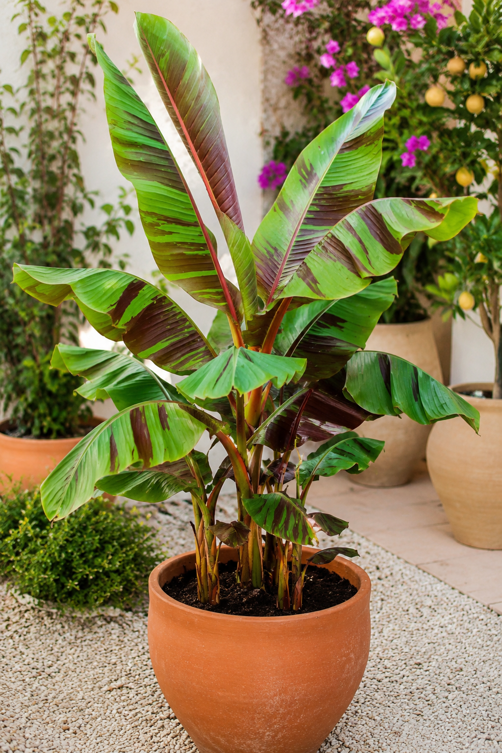 Musa Sikkimensis Red Tiger - Zierbananenpflanze mit exotischen, roten Blättern und einer tropischen Ausstrahlung.