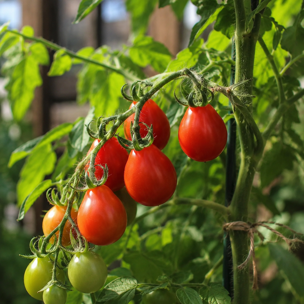 Hochwertige Tomatensamen der Sorte Radana für rote, birnenförmige Früchte mit süßem Aroma und reichem Ertrag.