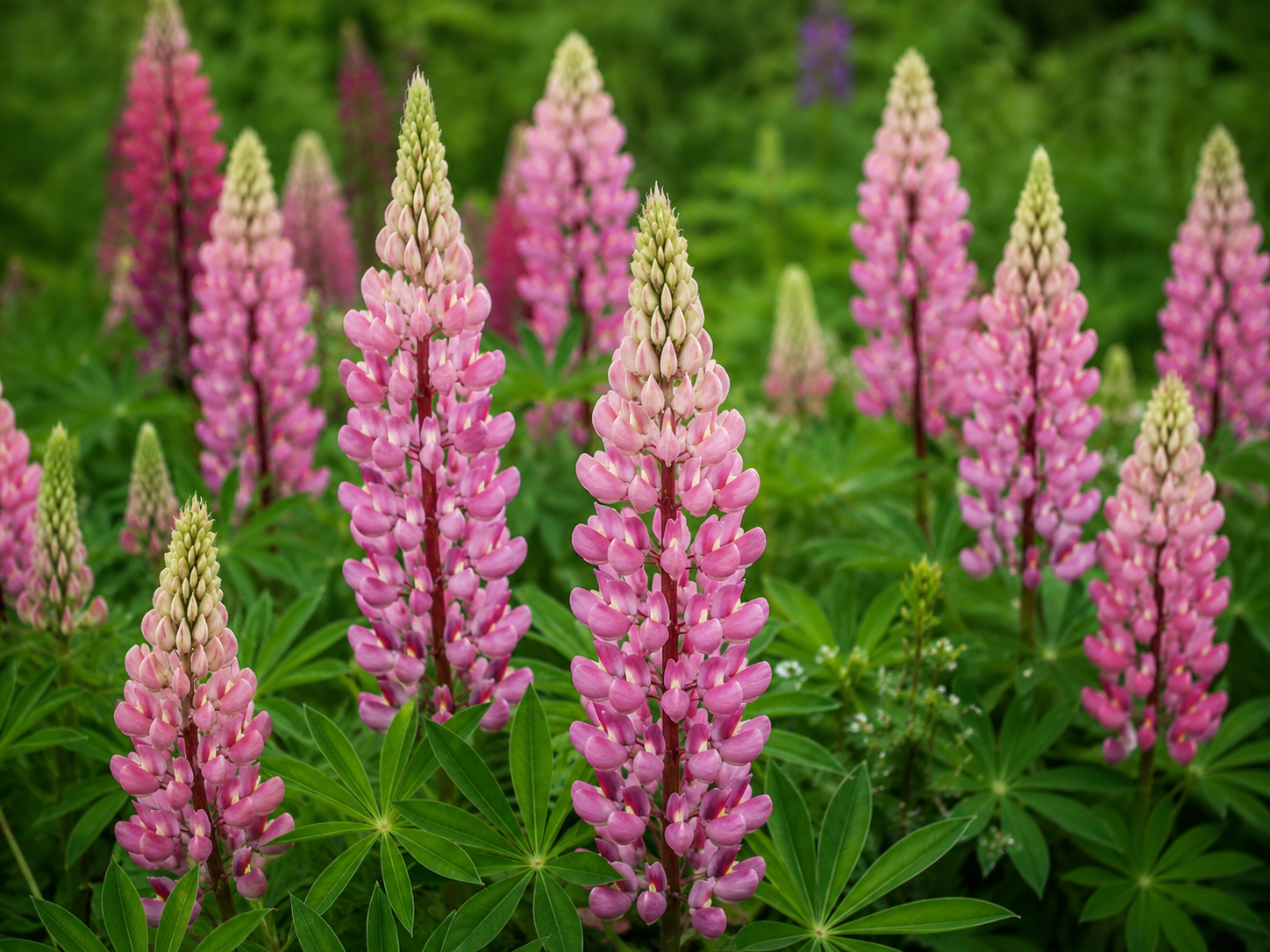 Mini-Lupine 'Westcountry' mit farbenfrohen, aufrechten Blütenkerzen im sonnigen Gartenbeet.