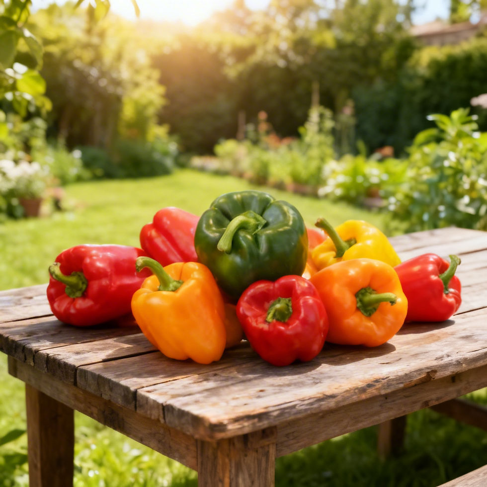 Reifer Paprika Mix Edelsüß im Garten mit roten, gelben und orangen Früchten