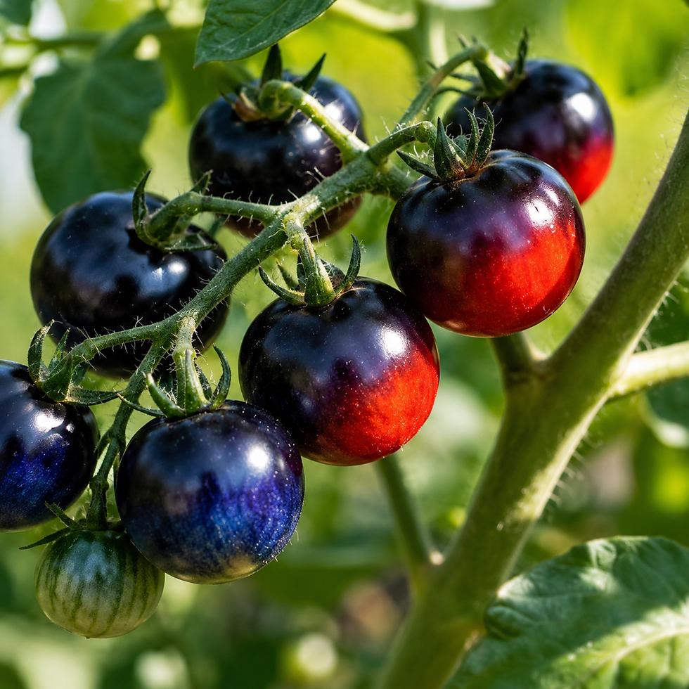 Tomate Indigo Blue Berries mit kleinen blauvioletten bis dunkelpurpurnen Kirschtomaten an üppigen Rispen, aromatische