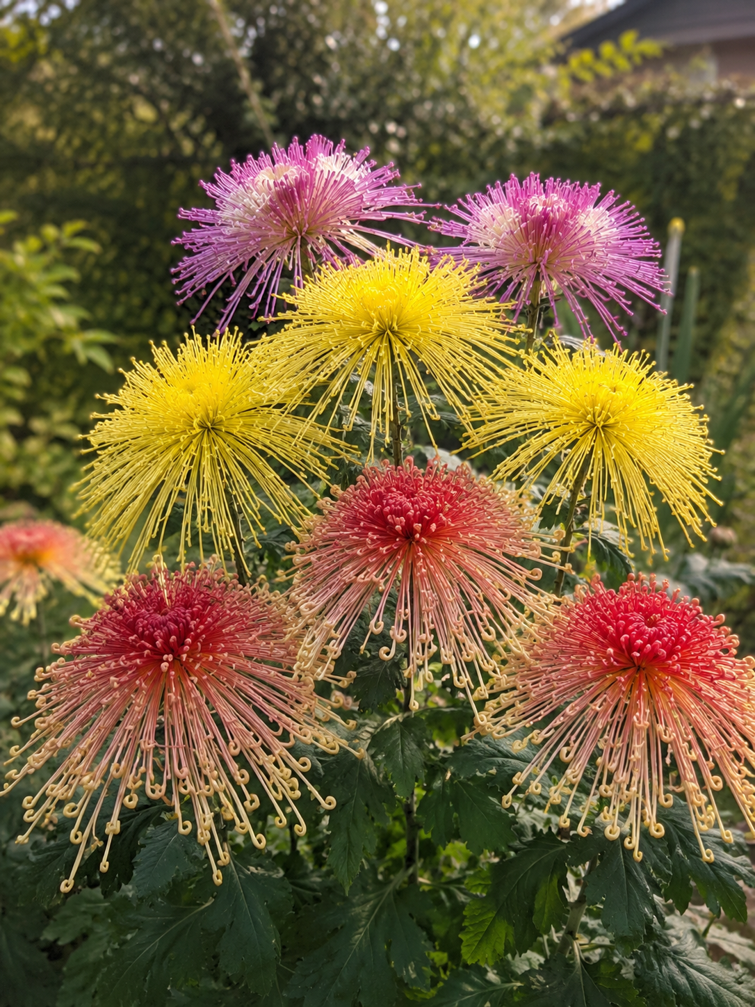 Spinnen-Chrysanthemen-Mischung mit großen, filigranen Blüten in verschiedenen Farben im sonnigen Gartenbeet.