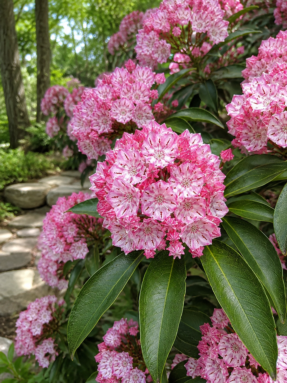 "Kalmia latifolia (Loberrose) mit glänzenden, immergrünen Blättern und auffälligen, rosafarbenen Blüten."