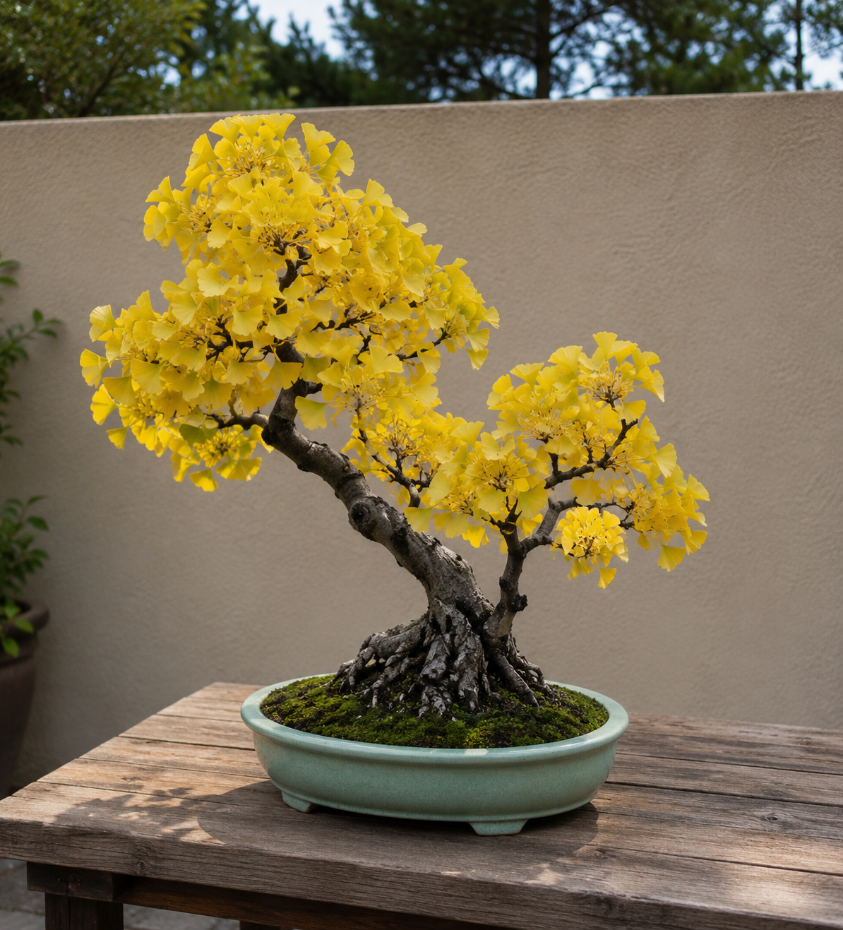 Gelber Bonsai mit dekorativen gelbgrünen Blättern und kunstvoll geformtem Wuchs in einer Bonsaischale.