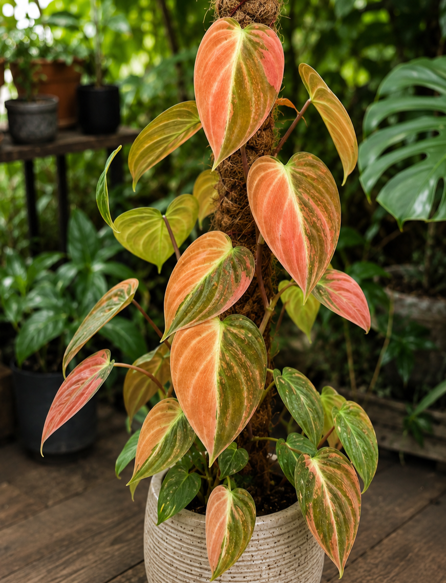 Philodendron Melanochrysum Pink mit großen, samtigen, herzförmigen dunkelgrünen Blättern und auffälliger rosa Panaschierung,