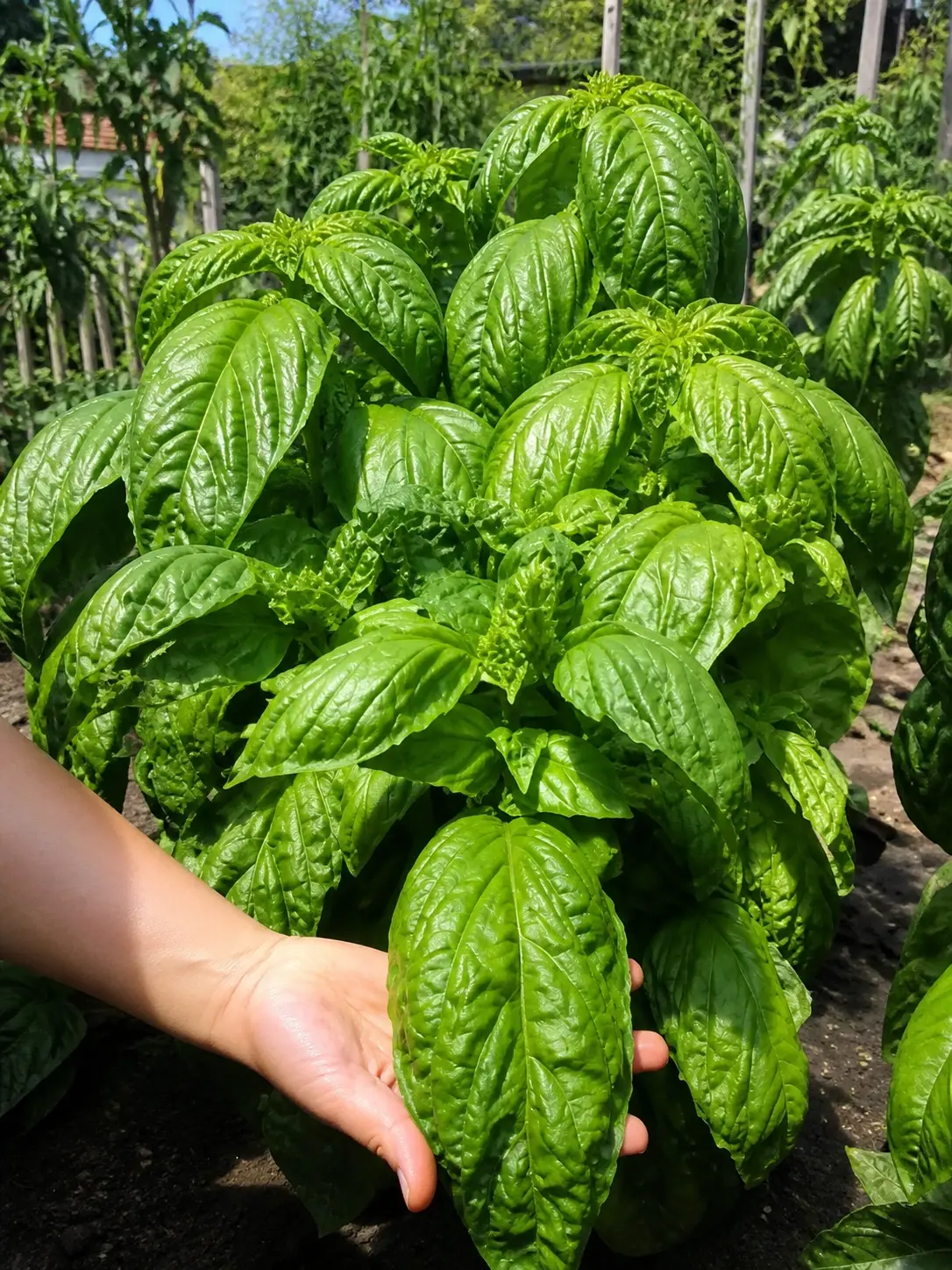 Riesen-Basilikum (Ocimum basilicum) mit besonders großen, aromatischen grünen Blättern