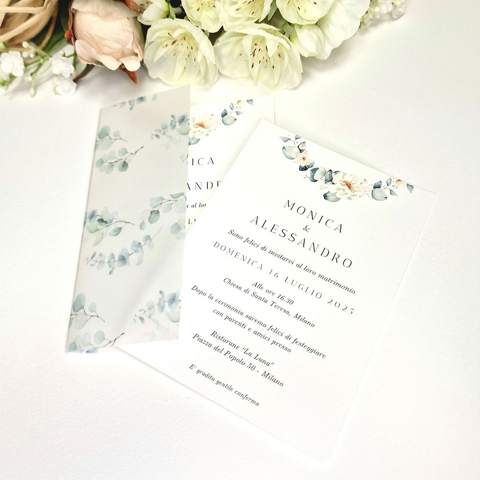 Miniatura: Invito matrimonio fiori bianchi e all'eucalipto