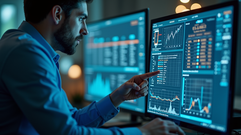 Close-up view of a cybersecurity leader analyzing data on a digital dashboard