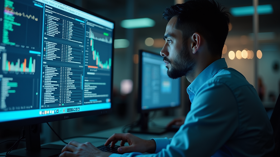 Close-up view of a cybersecurity professional analyzing data on a computer screen