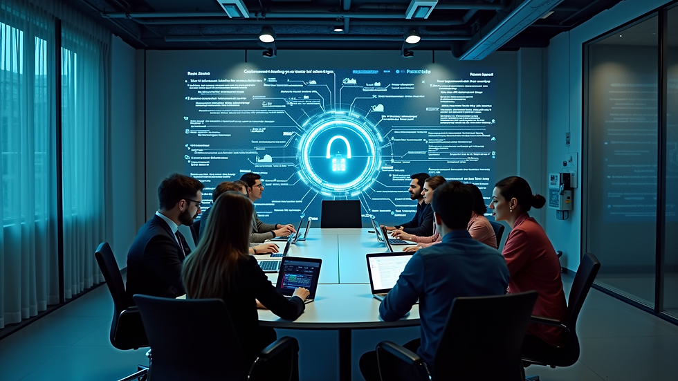 High angle view of a team collaborating on cybersecurity strategy in a conference room