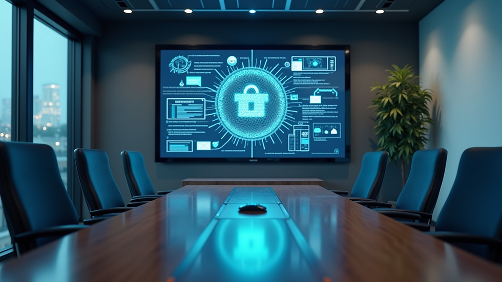 Eye-level view of a modern office conference room with cybersecurity strategy on a digital screen