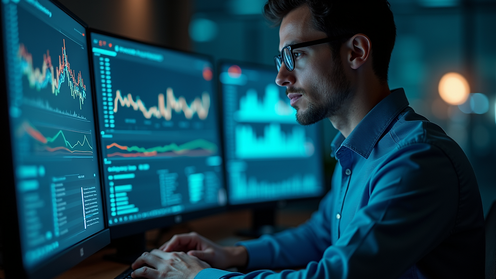 Close-up view of a cybersecurity professional analyzing data on a computer screen
