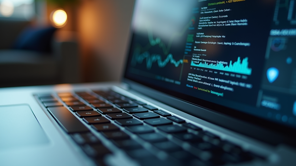 Close-up view of a laptop keyboard with a cybersecurity report on screen